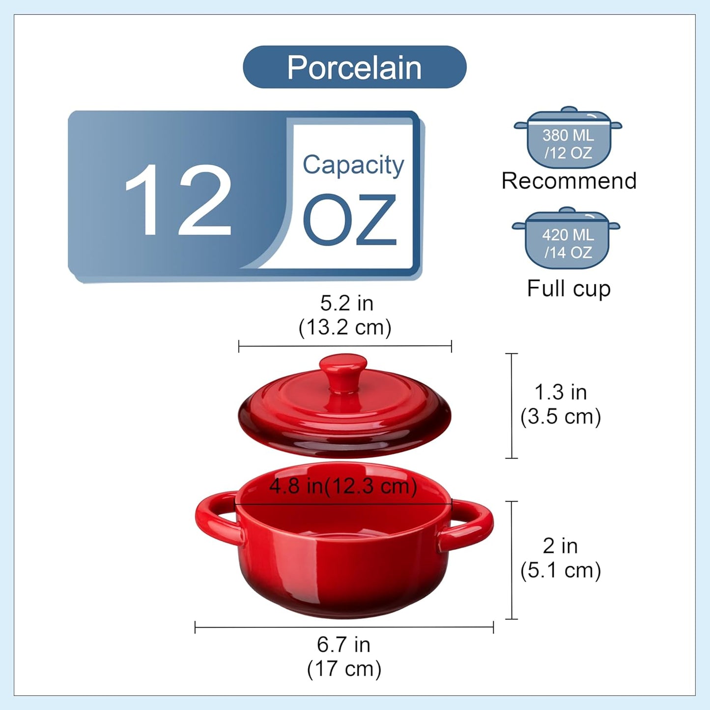 LOVECASA Mini Cocotte Set,12 OZ Small Casserole Dishes with Lids, Soup Bowls With Handles,Individual Baking Ramekins,Oven, Microwave & Dishwasher Safe,Set of 4,Red