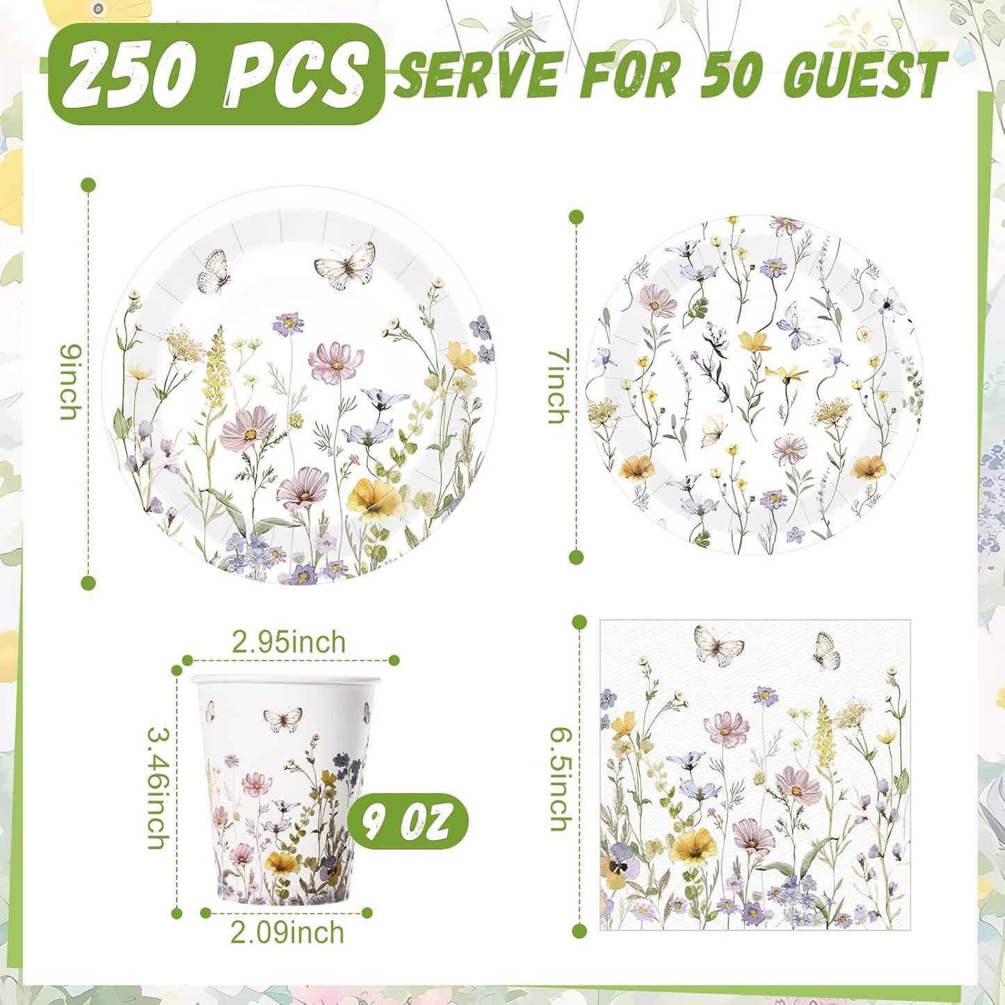 250 Pcs Wildflower Party Decorations Include Spring Summer Floral Paper Plates Napkins and Cups for Wildflower Baby Shower Tea Decorations, Serve 50 Guest(Light Color,Elegant Style)