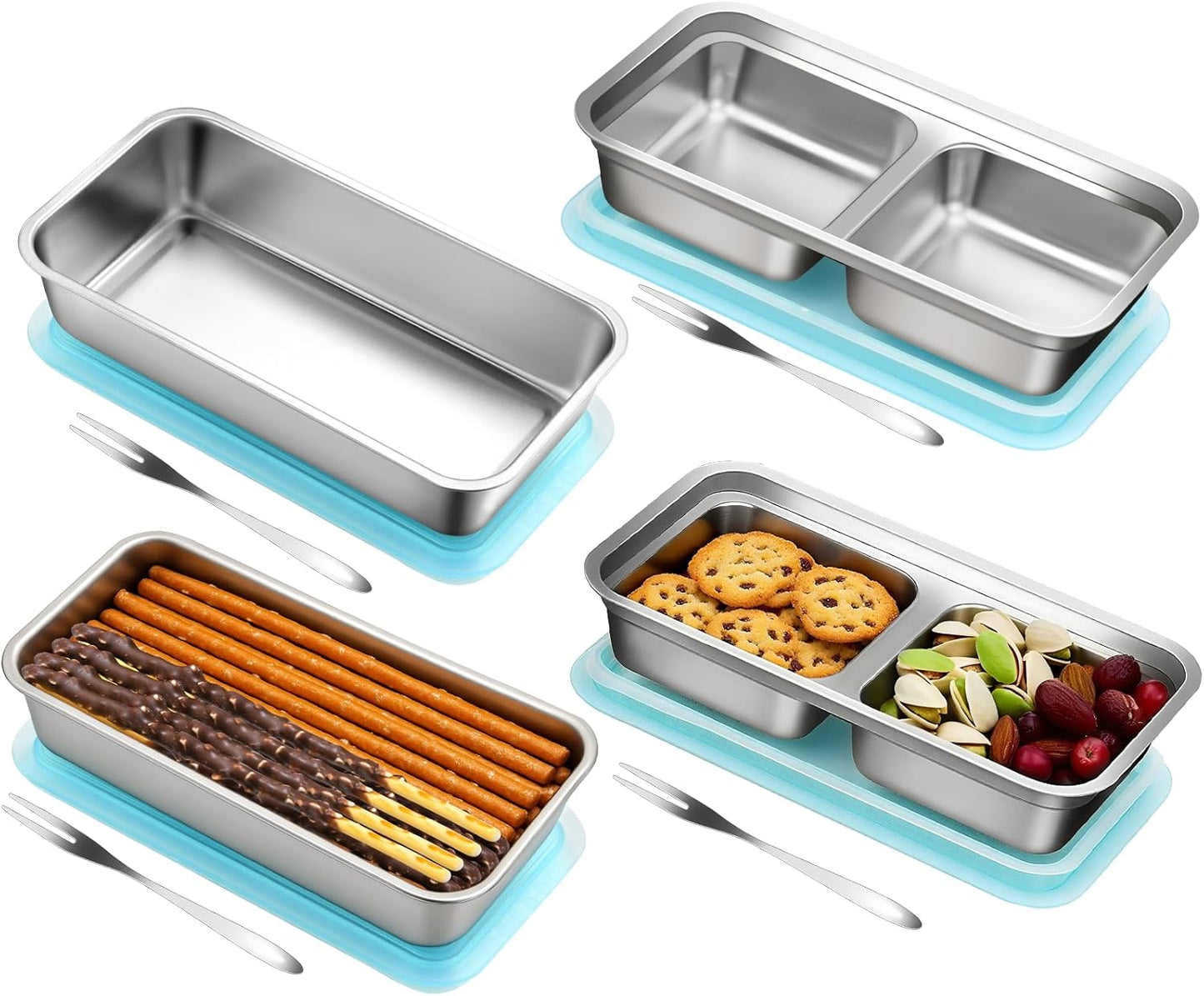 Stainless Steel Snack Containers with Lids, 2 Pack Reusable Lunch Box (2 Single + 2 Double Compartment) with Forks, Food Storage Bento Box for Work, Travel, Grab and Go, Leak Proof, Dishwasher-Safe