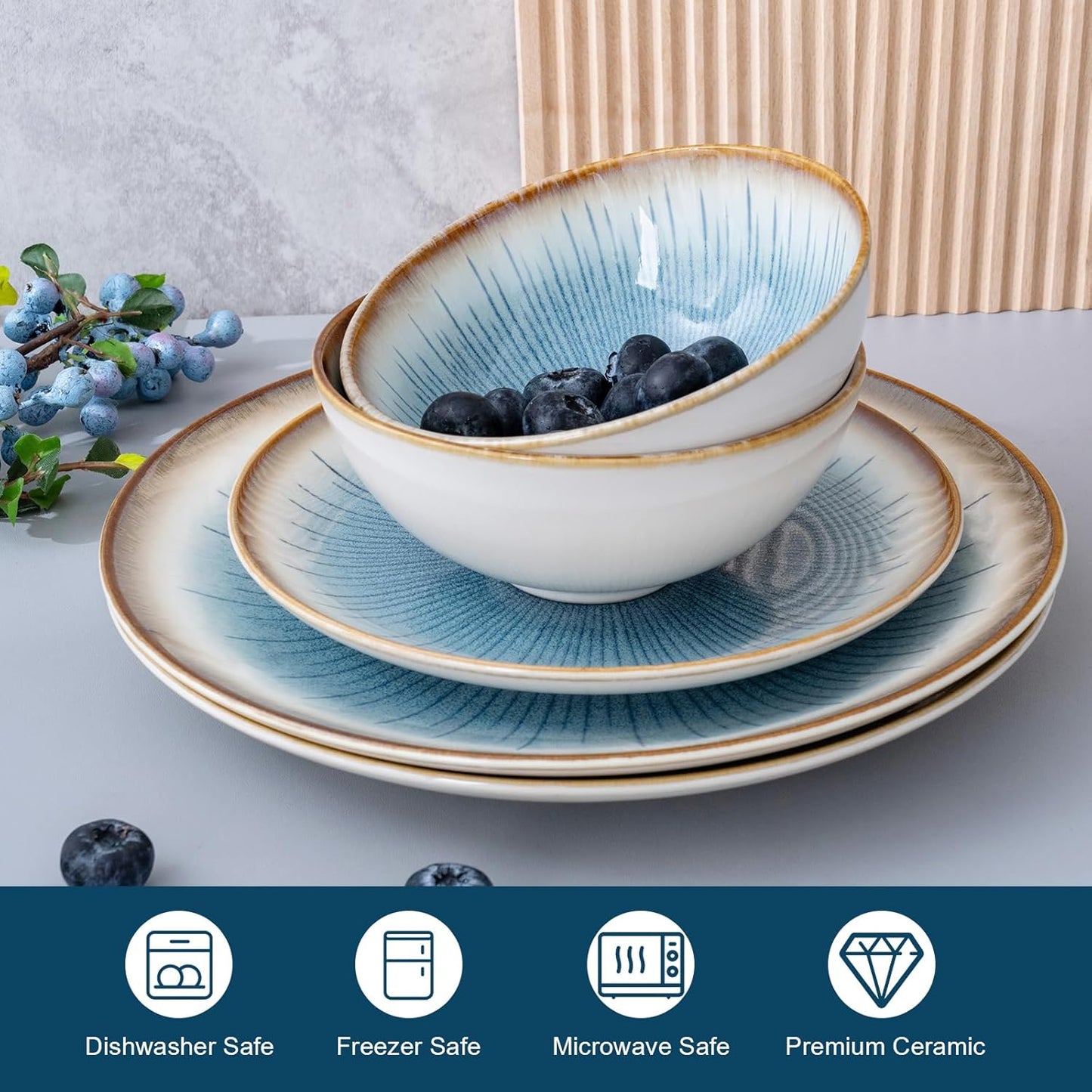 Blue Stoneware Dinnerware Set, 12 Pieces, Blue Stripe Marble, Dishwasher & Microwave Safe