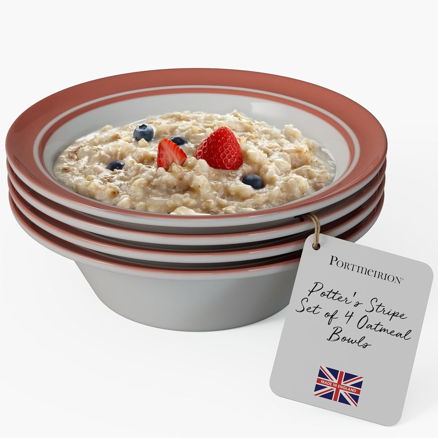 Portmeirion Potter’s Stripe Oatmeal Bowls (Set of 4) - Versatile Earthenware Bowls for Kitchen, Soups, Cereal & Desserts - Dishwasher & Microwave Safe - Made in UK Dinnerware Collection (Red Stripe)