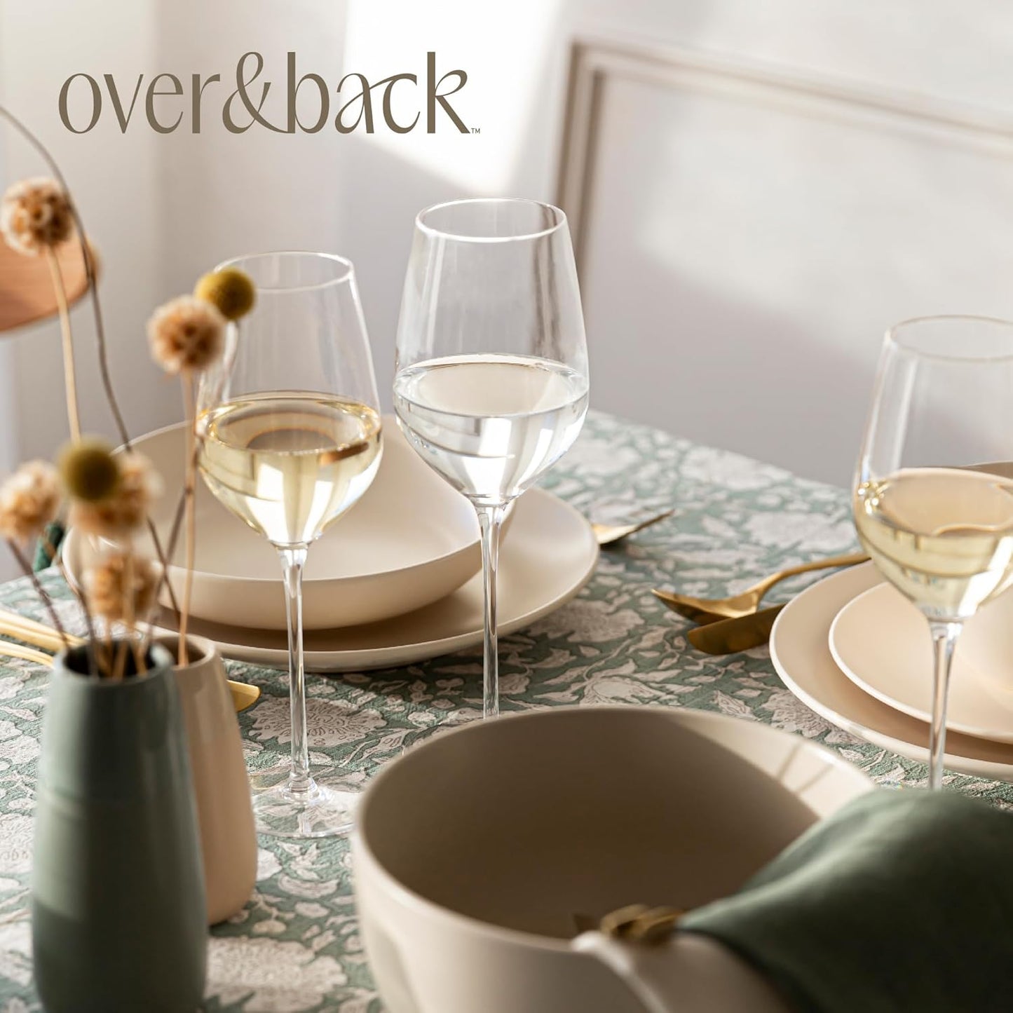 over&back 16oz Traditional Glassware - Set of 4 Classic Stem Drinking Glasses for Parties, Get-togethers, and More - Mouth-Blown - Wine Cups for Kitchen and Dining Room - Clear