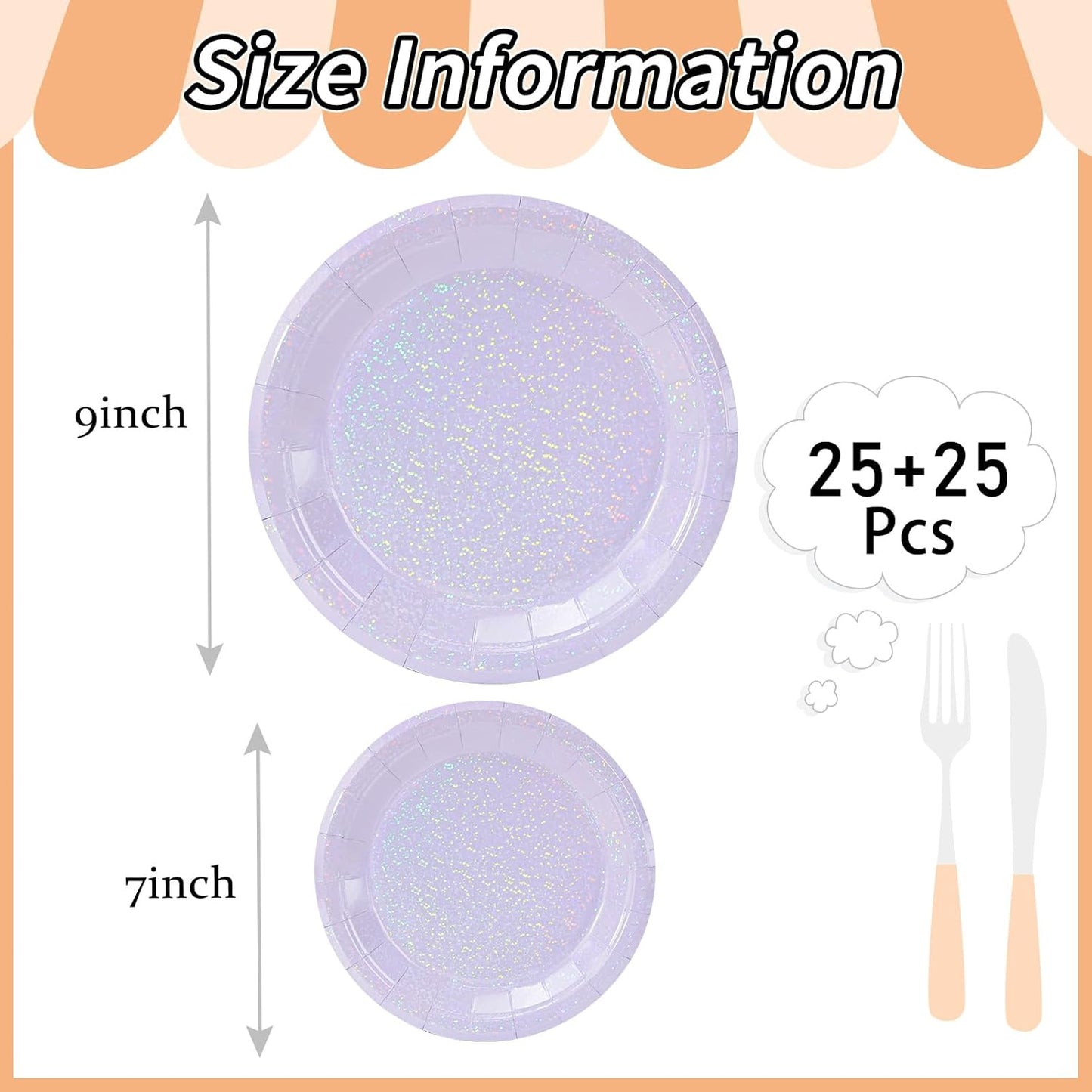 50 Pcs Iridescent Light Purple Paper Plates 25 × 7'' and 25 × 9'' Disposable Lavender Shiny Holographic Foil Dinner Plates for Wedding Baby Shower Birthday Party Glitter Dessert Plate