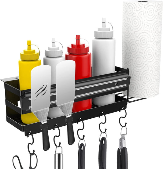 RUSFOL 3-in-1 Stainless Steel Griddle Caddy with Magnetic BBQ Utensil Strip and Paper Towel Holder for 28"/36" Blackstone Griddles,Space Saving BBQ Accessories Storage Box,Easy install&Free from Drill
