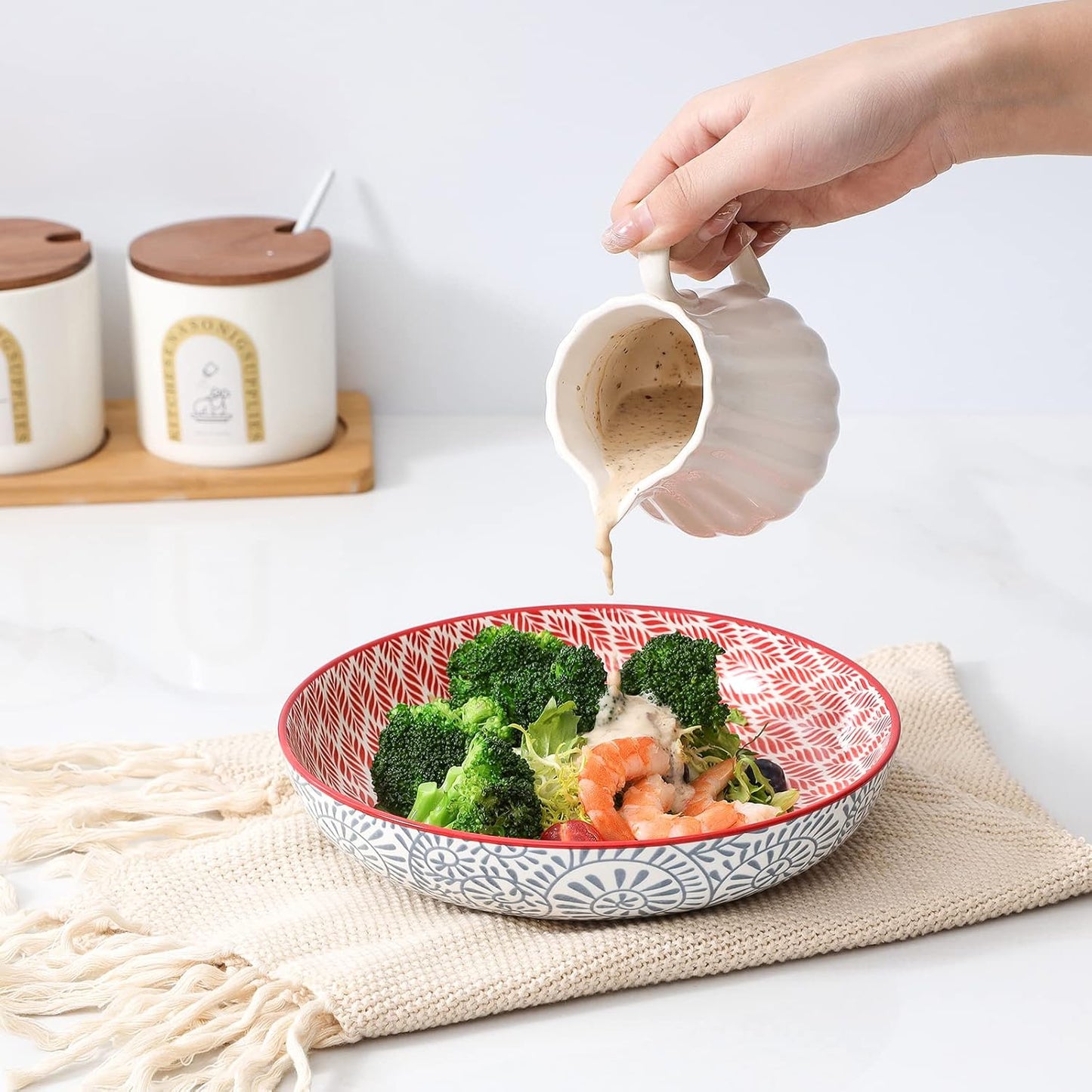 KitchenTour Large Pasta Bowls 34 oz, Ceramic Salad Serving Bowls Set of 6, 8.6 Inch Wide and Shallow Bowl Soup Bowl- Dishwasher and Microwave Safe, Assorted Colors