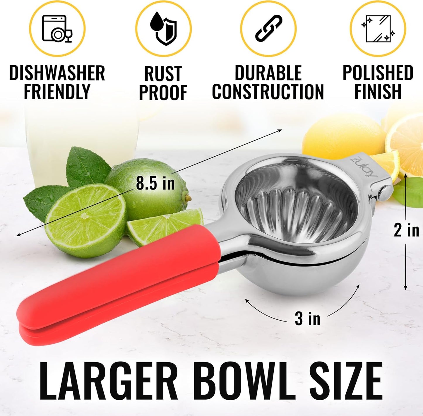 Zulay Lemon Squeezer Stainless Steel with Premium Heavy Duty Solid Metal Squeezer Bowl and Food Grade Silicone Handles - Large Manual Citrus Press Juicer and Lime Squeezer Stainless Steel (Red)