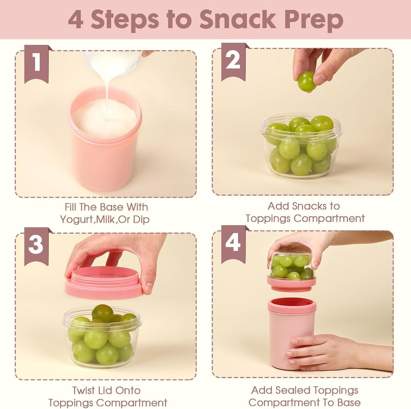 Snack Cup Reusable Snack Container with Lid,Yogurt Parfait Cups and Spoons,600ml+270ml Breakfast On The Go,Portable Cereal To Go Travel Cereal Bowl and Milk Container(Pink)