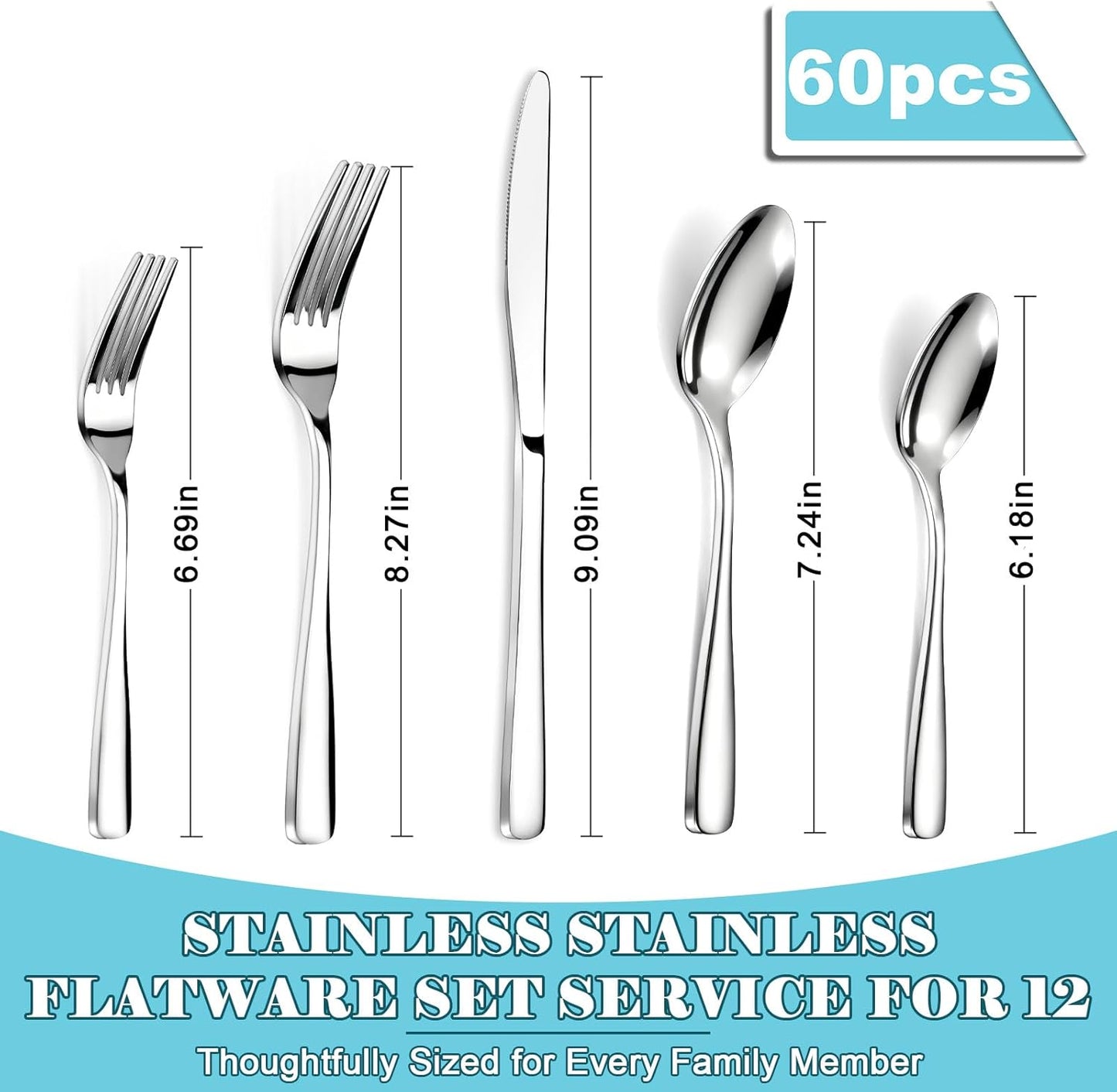 Bestdin 60 PCS Silverware Sets - Mirror Polished Flatware Set for 6, Including Knives, Spoons and Forks, Cutlery Set, Dishwasher Safe & Stainless Steel Silverware for Wedding Gift, Home & Party Use