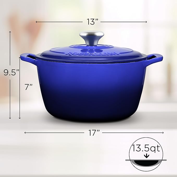 Signature Enameled Cast Iron Dutch Oven, Non-Stick Serving Pot with Tight Fitting Lid for Perfect Roasting, Baking, Sauteing, and Bread Making | 13.5Q (12.7L) - Indigo Blue