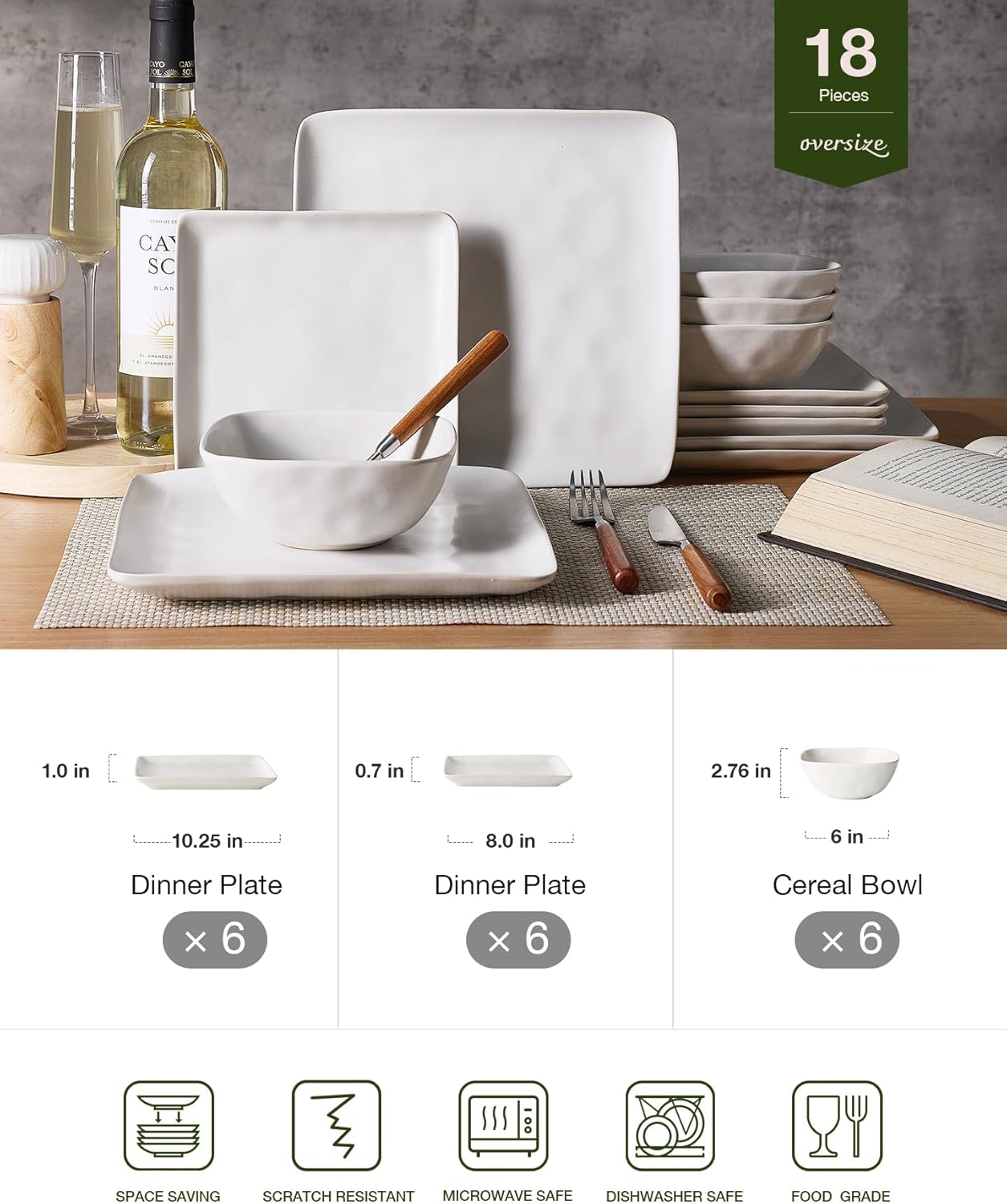 Famiware Dinnerware Sets for 6, Ocean Square 18-Piece Kitchen Plates and Bowls Sets, Microwave and Dishwasher Safe, Scratch Resistant, Matte White