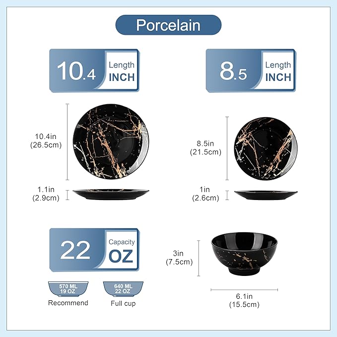 LOVECASA Plates and Bowls Sets for 4, 12 Pieces Porcelain Dinnerware Sets, Black and Gold Dish Set Gold Splash Dishware Sets, Dishwasher Microwave Safe