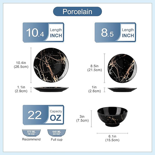 LOVECASA Plates and Bowls Sets for 4, 12 Pieces Porcelain Dinnerware Sets, Black and Gold Dish Set Gold Splash Dishware Sets, Dishwasher Microwave Safe