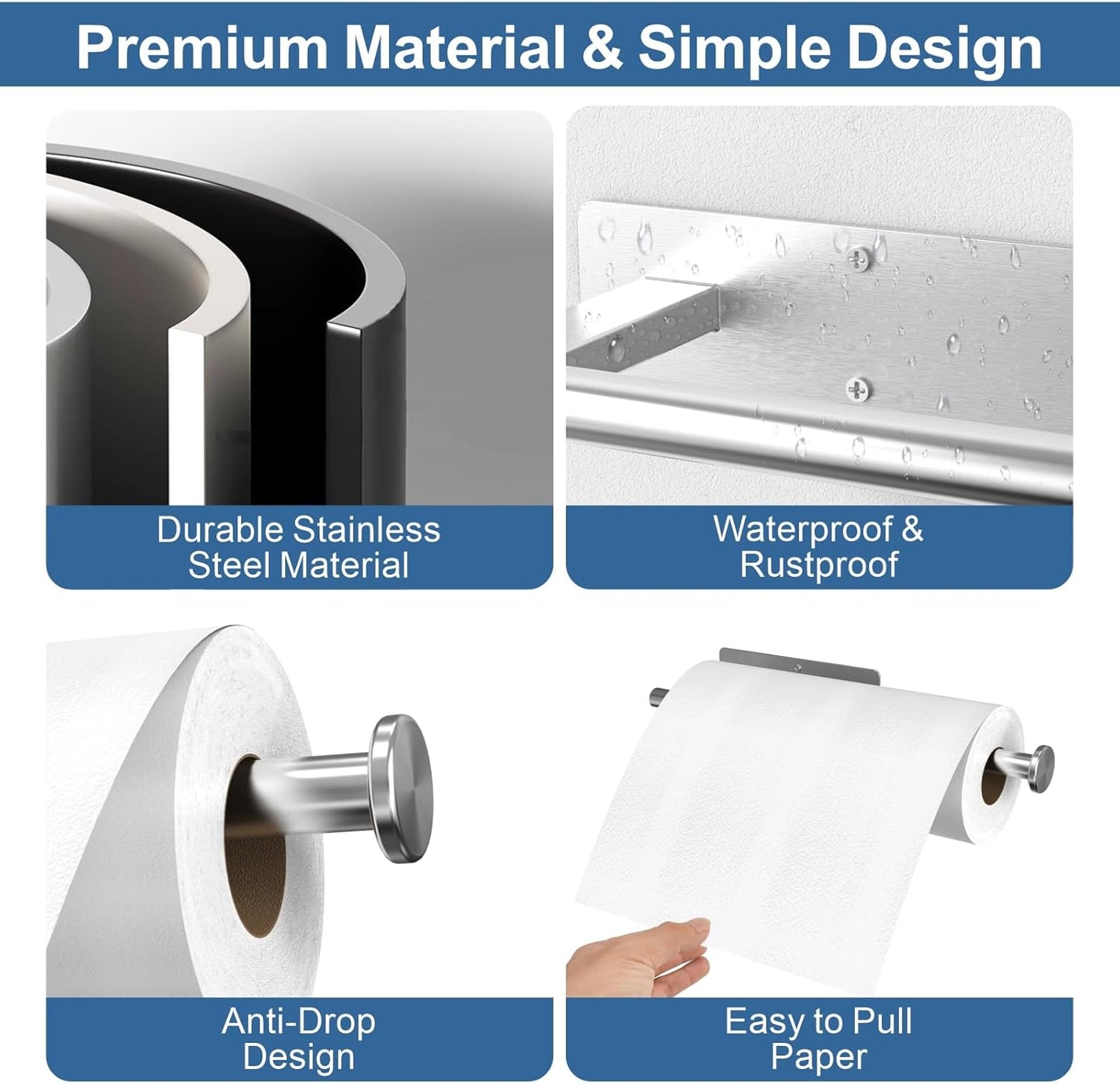 Paper Towel Holder Under Cabinet 2 Pack, Upgraded Adhesive Paper Towel Holder Wall Mount for Kitchen, Bathroom, RV, Bend-Resistant, Self-Adhesive or Drill mounting, Stainless Steel, Silver