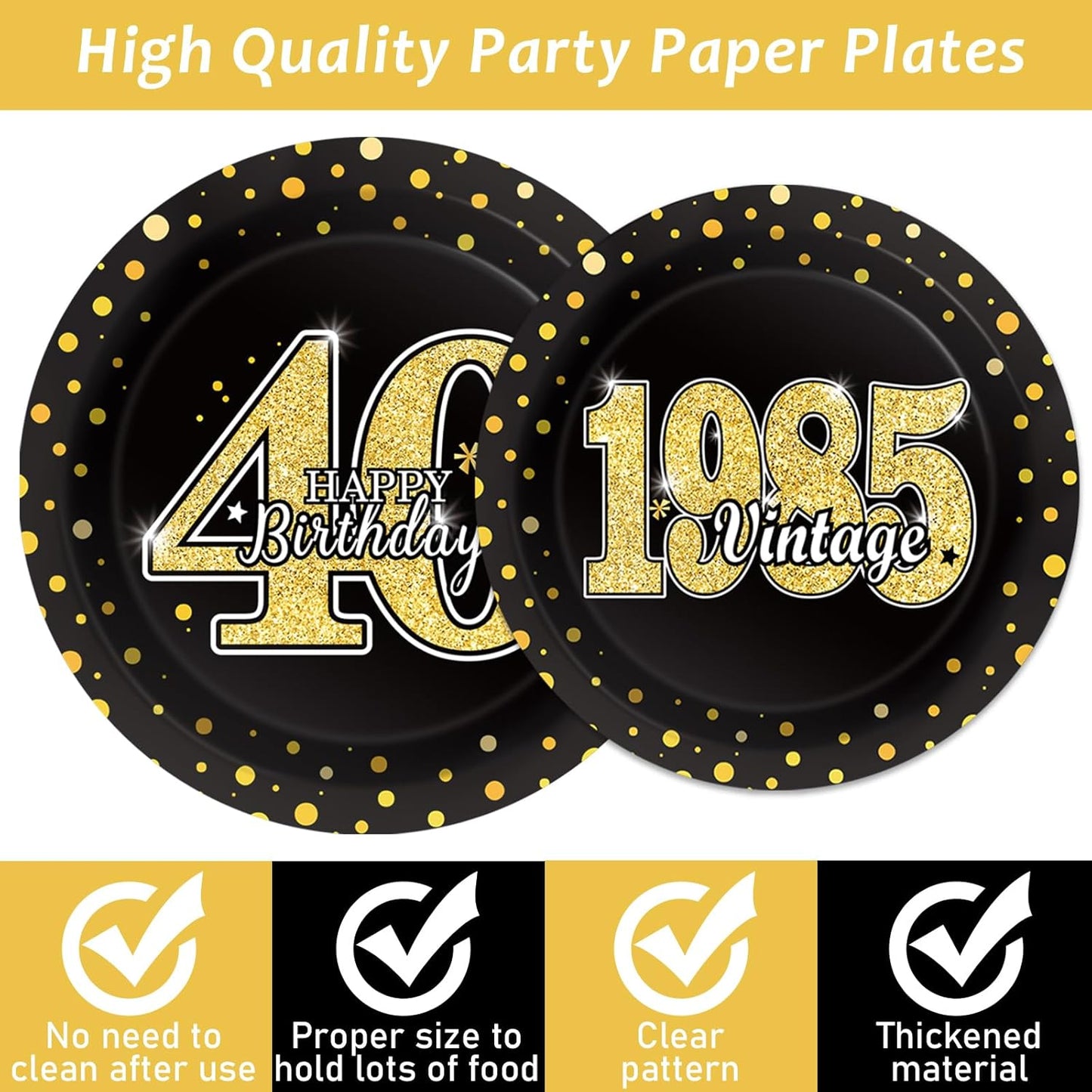 ZOIIWA 40th Theme Bithday Party Tableware Vintage 1985 Party Supplies 40 Year Old Birthday Decorations Plates Napkins Forks Black and Gold Dinnerware Favors for Men or Women