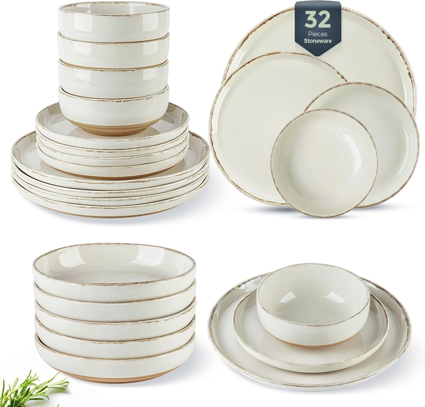 AmorArc Ceramic Dinnerware Sets with Pasta Bowls for 8, Handpainted Plates and Bowls Set with Rustic Terracotta Underside, Scratch Resistant Dishes Set, Dishwasher & Microwave Safe, 32 Pcs