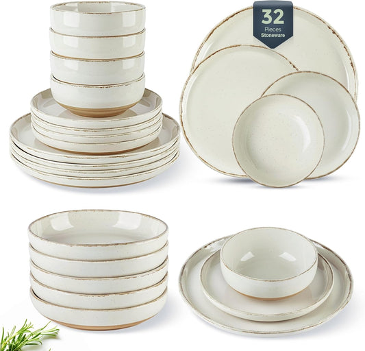 AmorArc Ceramic Dinnerware Sets with Pasta Bowls for 8, Handpainted Plates and Bowls Set with Rustic Terracotta Underside, Scratch Resistant Dishes Set, Dishwasher & Microwave Safe, 32 Pcs