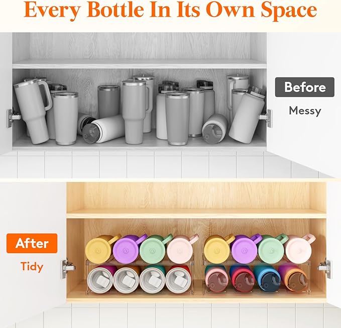 Lifewit Stackable Water Bottle Storage Organizer, Clear Tumbler Cup Mug Organizer, Plastic Large Compartment Wine Rack for Fridge Cellar Kitchen Pantry Storage, 2Tier Hold 8