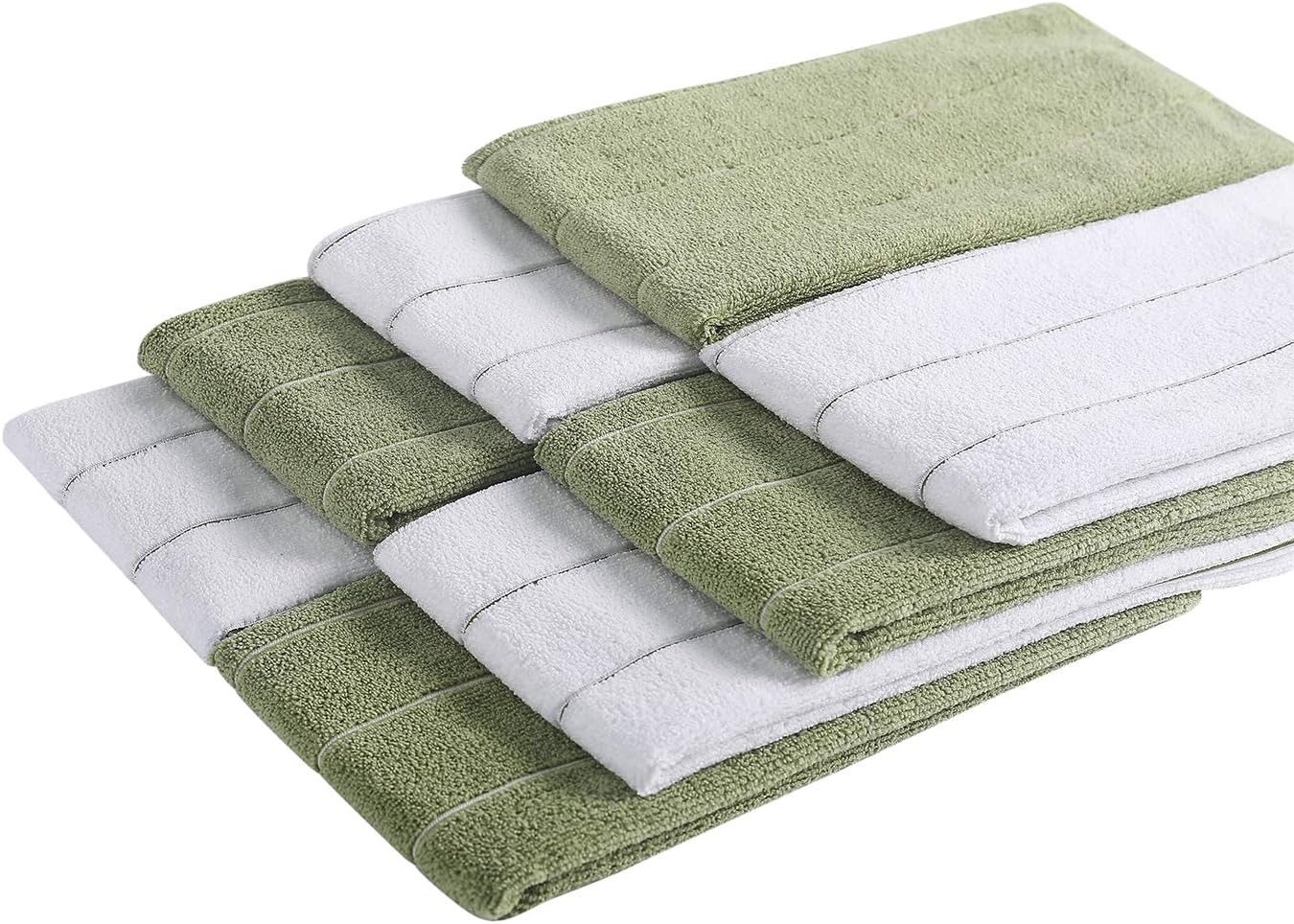 Microfiber Kitchen Towels - Super Absorbent, Soft and Solid Color Dish Towels, 8 Pack (Stripe Designed Dark Green and White Colors), 26 x 18 Inch