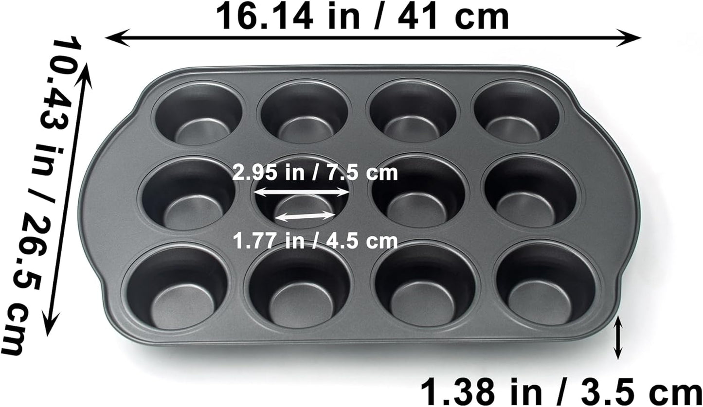 Non-Stick Standard Muffin Pans, 2.95" 12-Cup Set of 2 Baking Pans, Heavy Duty Carbon Steel Tins for Standard Muffins & Cupcakes