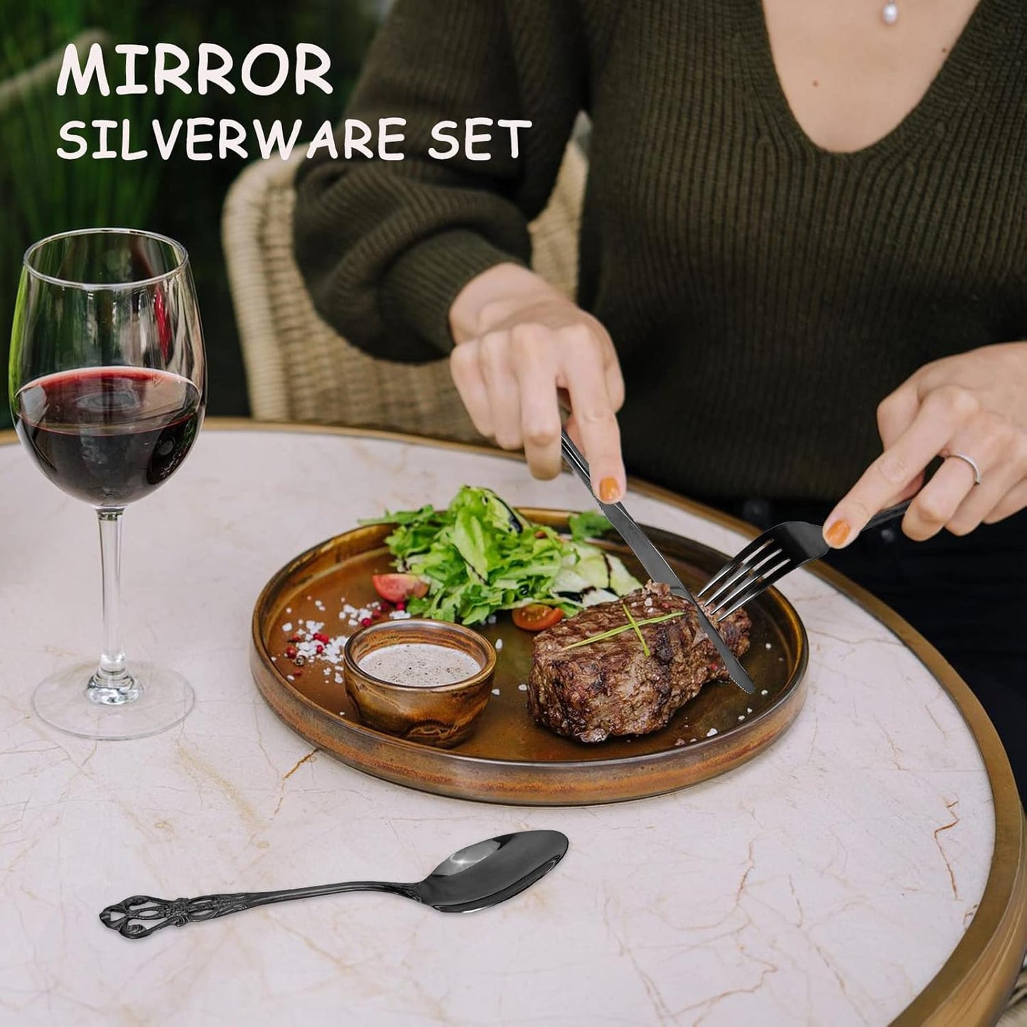 Black Silverware Set for 8, Stainless Steel Gorgeous Retro Royal Flatware Set, 40-Pieces Cutlery Tableware set, Kitchen utensils set Include Spoons And Forks Set, Mirror Finish, Dishwasher Safe