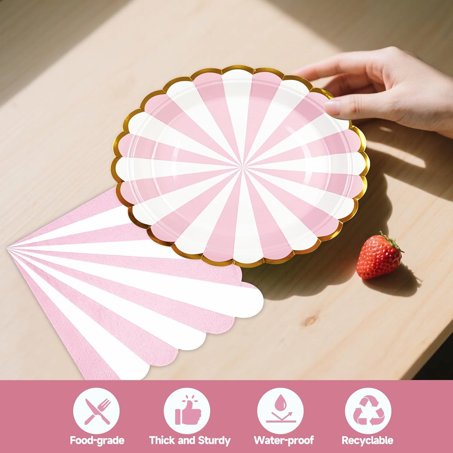 50PCS Pink Striped Paper Plates and Napkins Party Supplies, 7 inch Disposable Gold Foil Scalloped Dessert Plate Party Dinnerware Set for Birthday Wedding Bachelorette Baby/ Bridal Shower Decorations