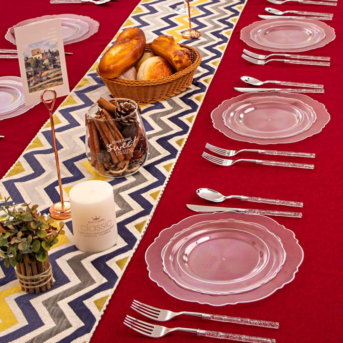 Ciaell 150PCS Clear Silver Plastic Plates & Disposable Plastic Silverware with Glitter Bamboo Handle Cutlery - Baroque Clear Silver Disposable Plates for Weddings & Parties