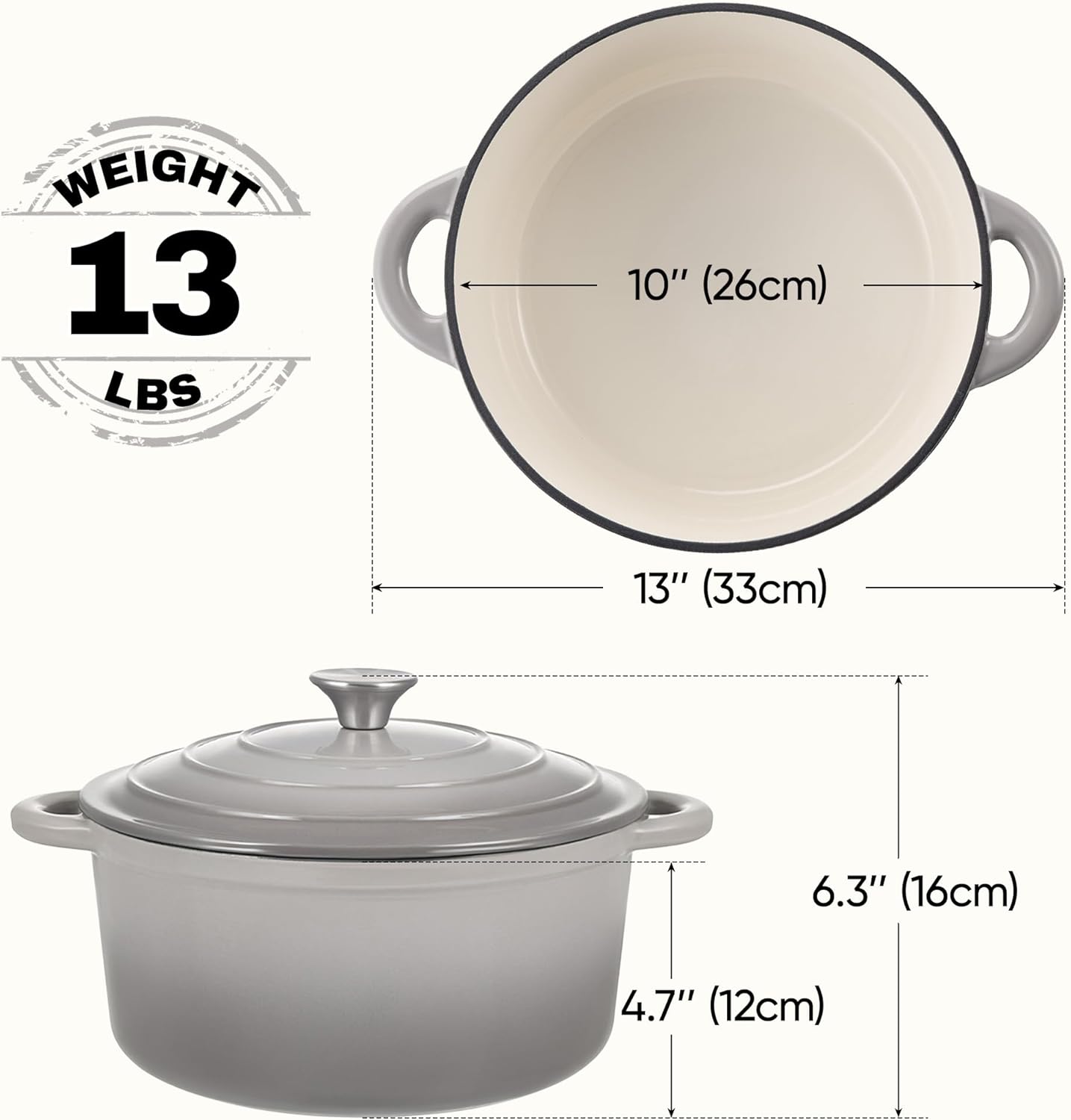 6 Quart Dutch Oven Pot with Lid, Non Stick Enameled Cast Iron Dutch Oven for Bread Baking, Heavy-Duty, Oven Safe Ceramic Cookware Up to 500°F for Baking, Braising, Stews, Roasting, Gray