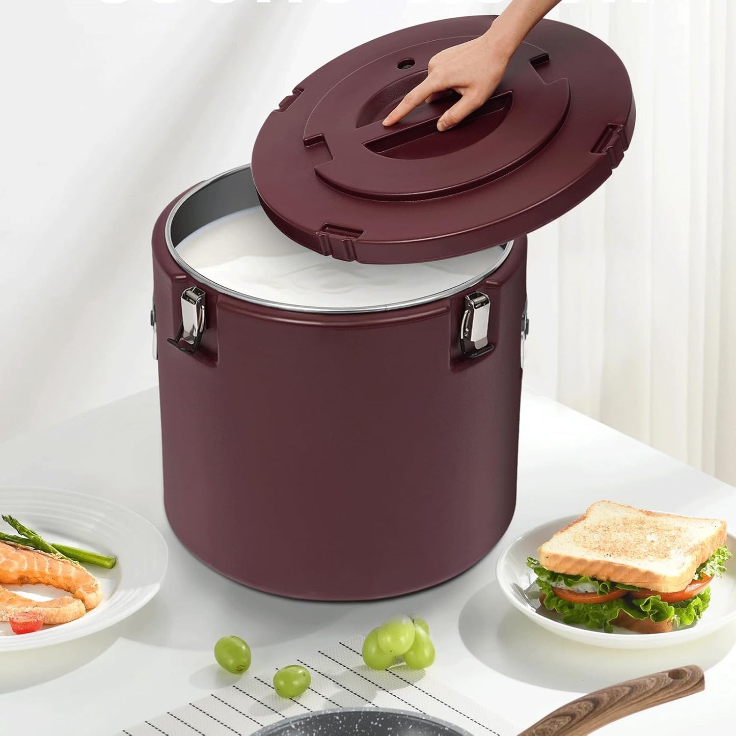 DYNAMI 13.2Gal Insulated Food Container with Handles&Buckles,304 Stainless Steel Portable Commercial Food Warmer Insulated Soup Container Cold Hot Box Insulated Food Carrier for Catering (Brown)