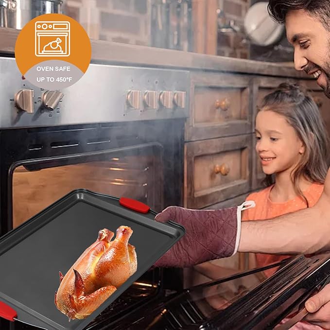 3-Piece Baking Pan Set - Nonstick Cookie Sheets with Silicone Handles, Carbon Steel Bakeware for Oven, Stackable Baking Trays Set - Home Kitchen Bakeware