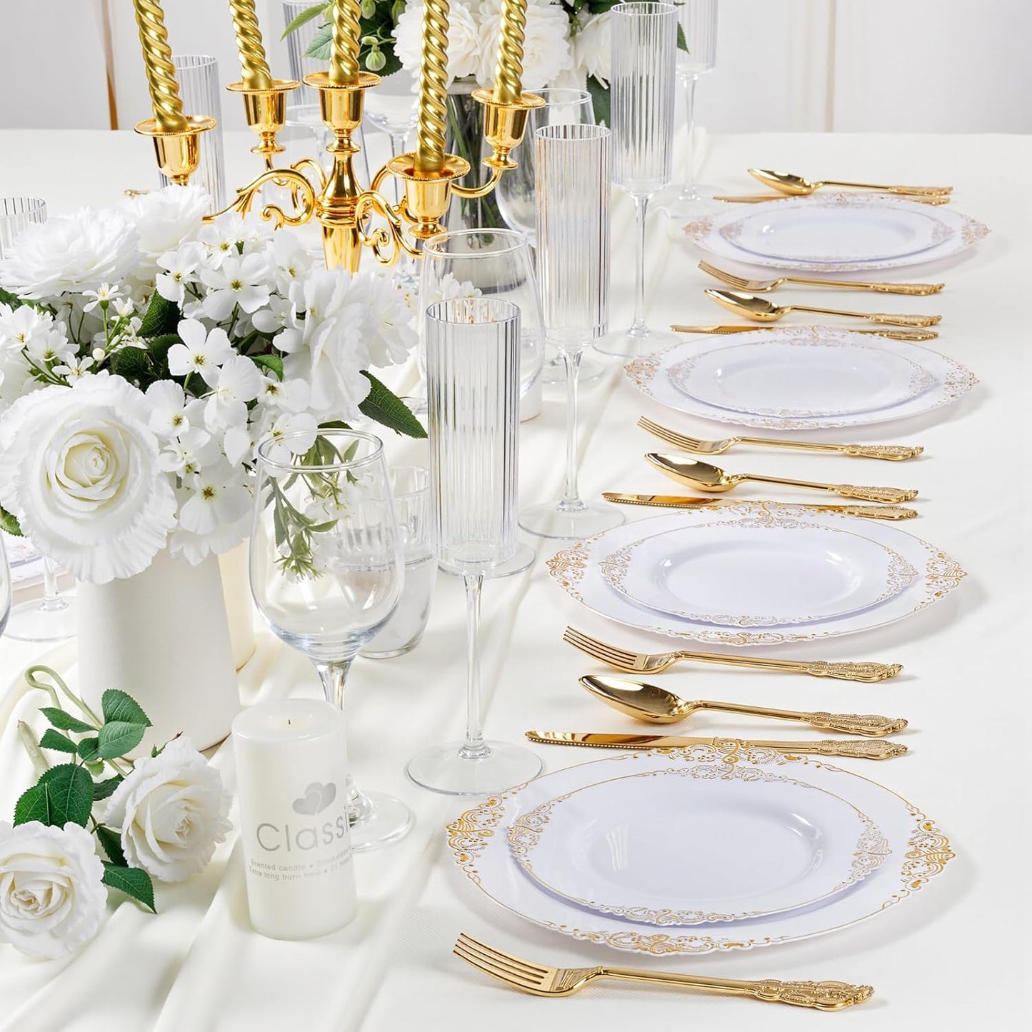 200PCS White and Gold Plates - Gold Plastic Plates - Fancy Disposable Plate - Gorgeous Christmas Dinner & Dessert Plate for 100 Guests for Wedding & Thanksgiving Party