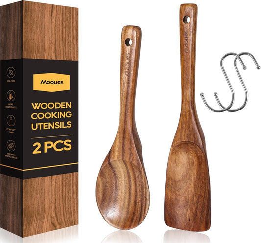 Wooden Spoons for Cooking, Wooden Utensils for Cooking Natural Teak Wooden Kitchen Utensils Set Comfort Grip(2 PCS)