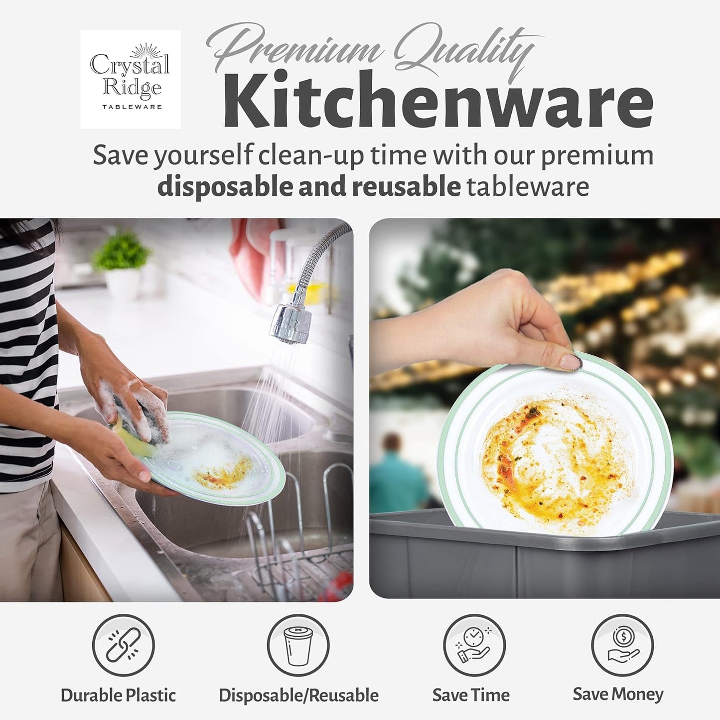 60 Pieces White Plastic Disposable Plates - Premium Heavy-Duty 30 Dinner Plates & 30 Salad Plates with Mint Green Rim Ideal for Party, Birthday and Special Events