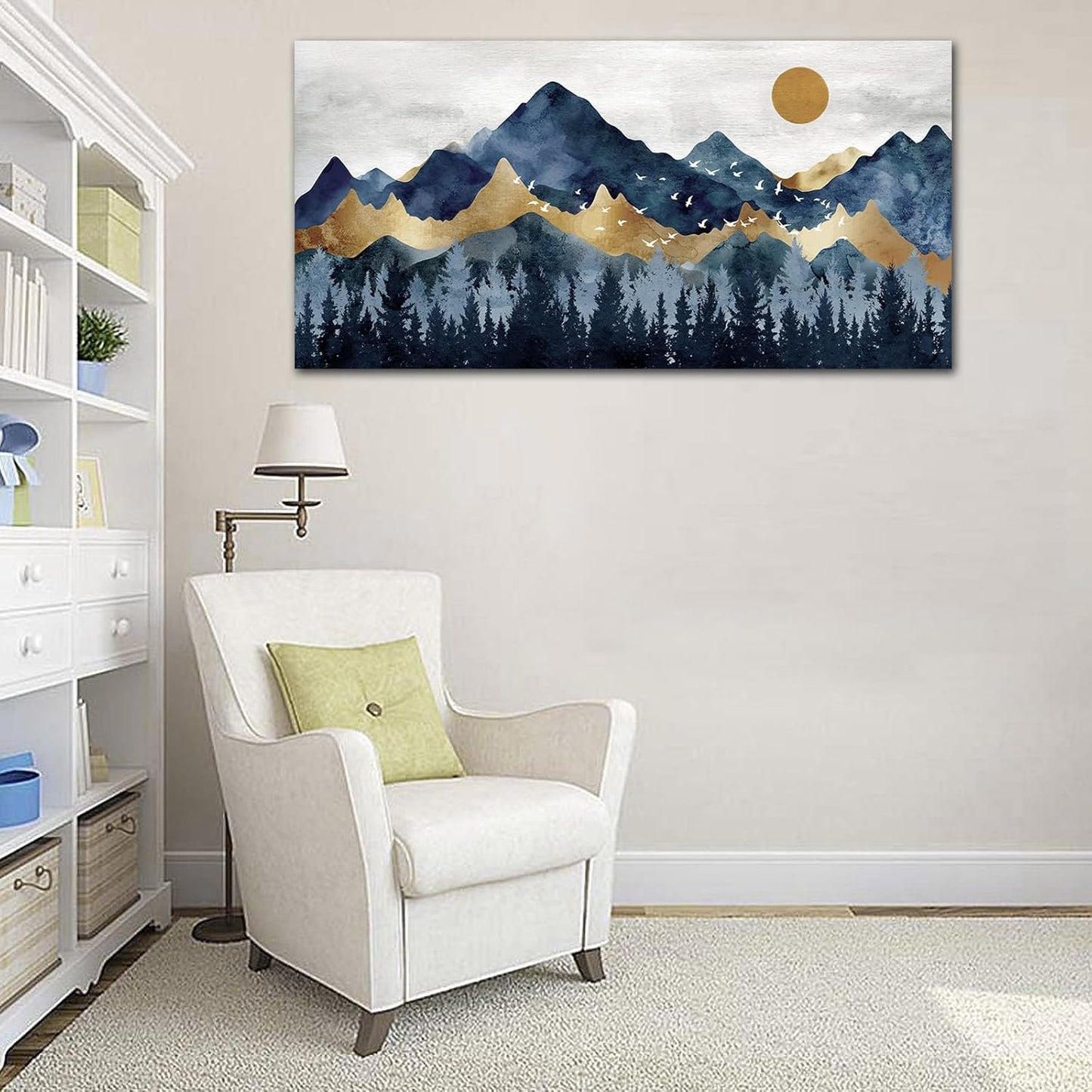 Abstract Nordic Canvas Wall Art - Indigo Blue and Brown Mountain Forest Picture Wall Decor Sun Birds Canvas Painting Nature Landscape Prints Artwork for Living Room Bedroom Decoration 29" x 58"