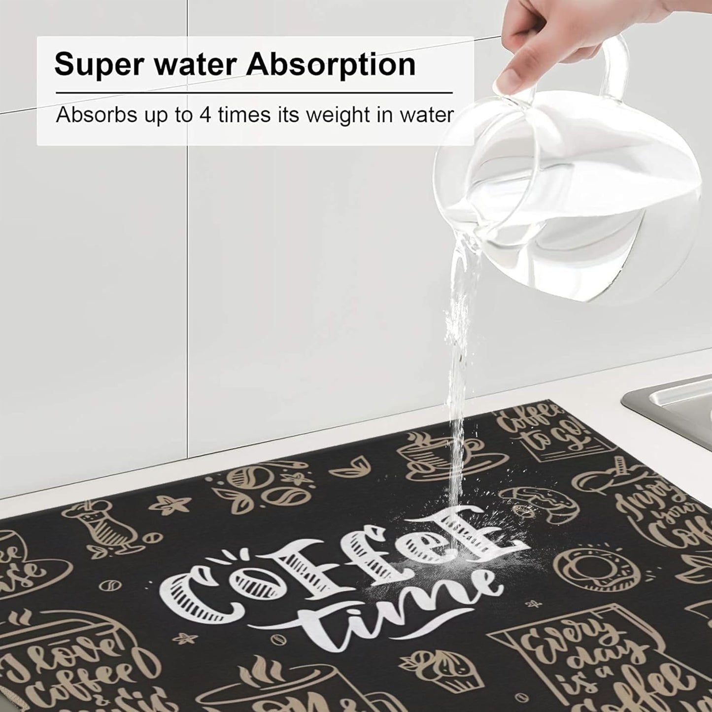 Coffee Time Dish Drying Mat 16x18 Inch, Microfiber Absorbent Fast Dry Mat Large Dish Mat Drying Kitchen Mat, Kitchen Drying Pad for Kitchen Counter Coffee Bar Decor Gifts