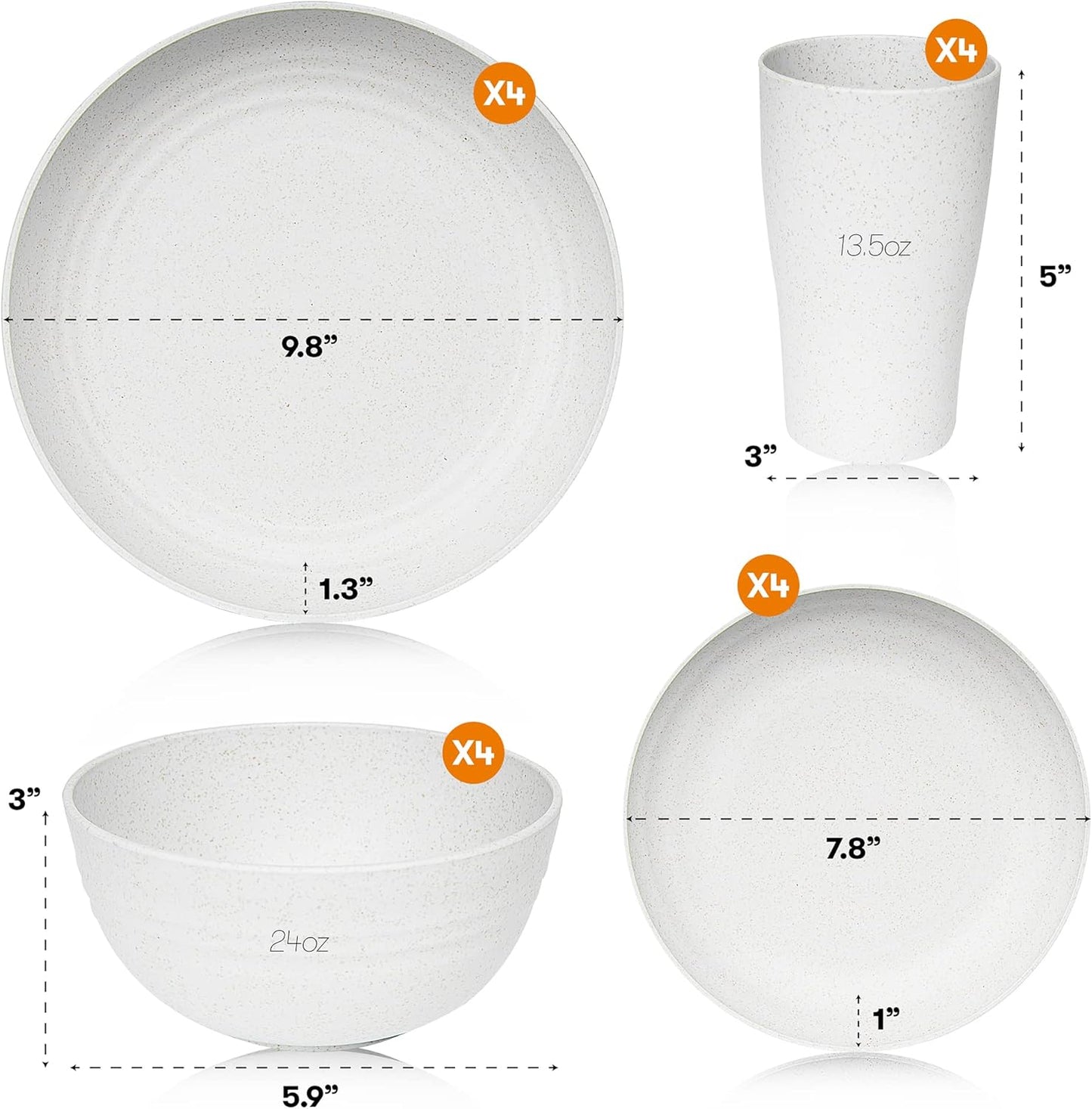 Wheat Straw Dinnerware Sets | Unbreakable Dinnerware Sets | Dishwasher Microwave Safe Dinnerware | Eco Friendly Non Breakable Dinnerware Sets | RV Outdoor Camping (White, Service for 4 (16 pcs))