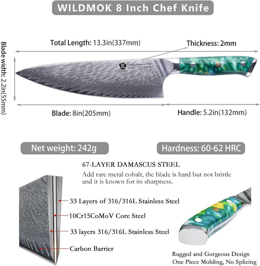 WILDMOK Chef Knife, 8 inch Damascus Japanese Kitchen Cooking Knife,Japanese VG10 Steel Green Resin Handle kitchen knives,Damascus chef's knives Including Gift Box