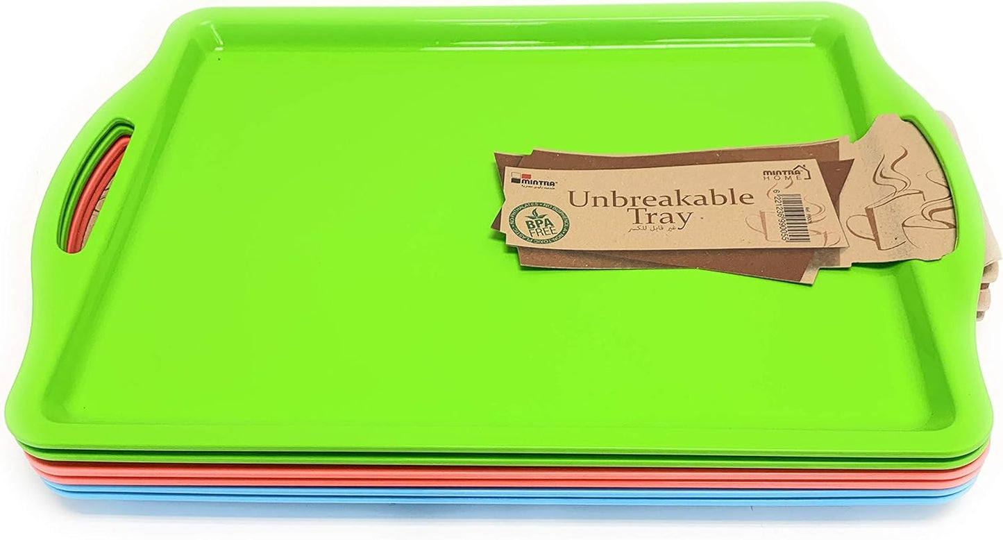 Mintra Home Unbreakable Plastic Rectangular Serving Tray - Assorted 6PK - Platter with Handle, 14 Inch, Heavy Duty, Large Capacity, Kitchen, Wedding, Restaurant, Indoor, Outdoor, Picnic Camping