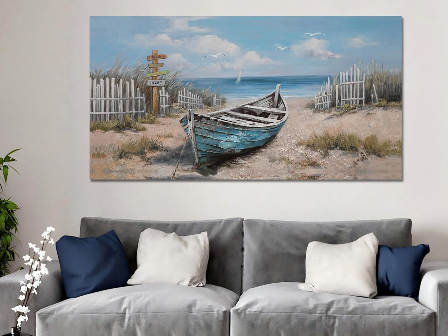 Ardemy Boat Canvas Wall Art for Living Room Large Teal Bedroom Pictures Wall Decor Textured Beach Paintings Artwork Dining Room Home Office Kitchen, 48"x24"
