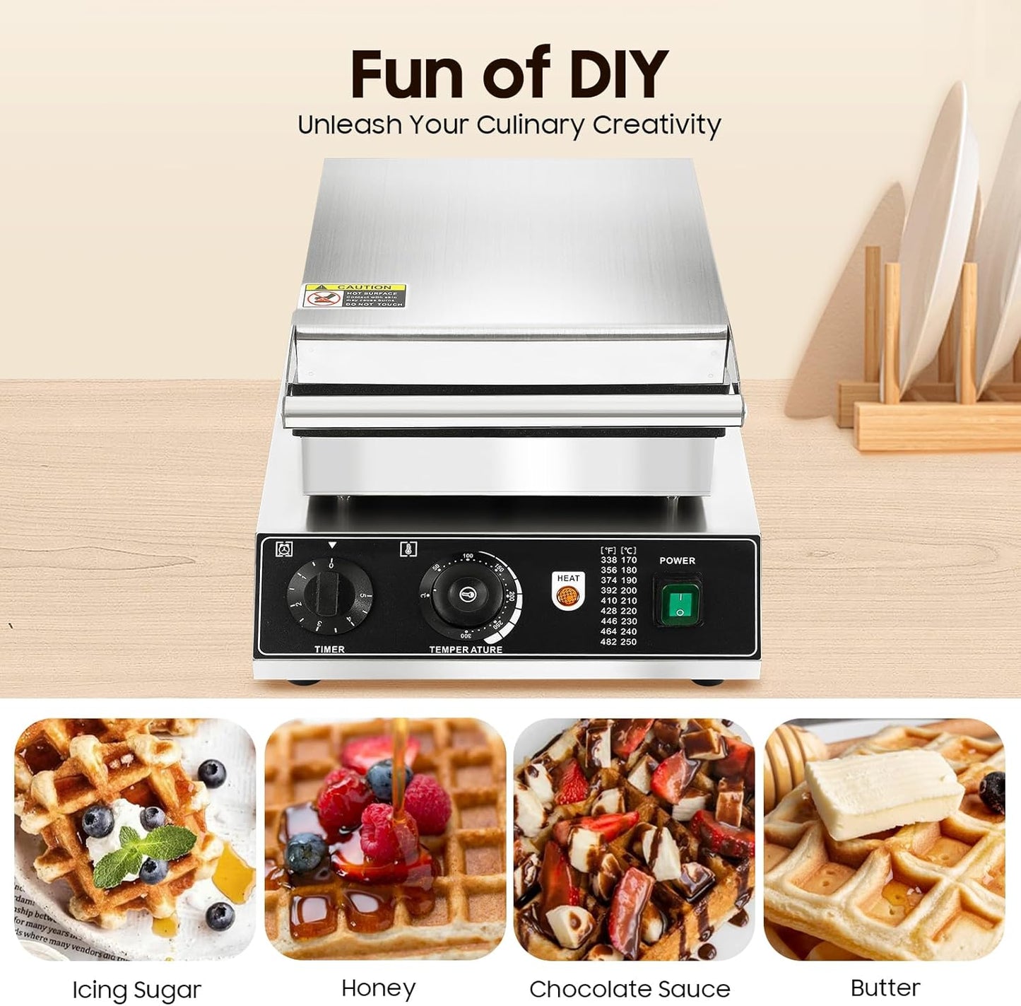 1750W Professional Waffle Maker, 4-Cell Waffle Machine w/Crumb Tray, Adjustable Time &Temperature, Stainless Steel Waffle Irons for Making Waffles & Heating Hot Dogs (4-cell)