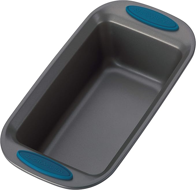 Rachael Ray Yum-o! Bakeware Oven Lovin' Nonstick Loaf Pan, 9-Inch by 5-Inch Steel Pan, Gray with Marine Blue Handles