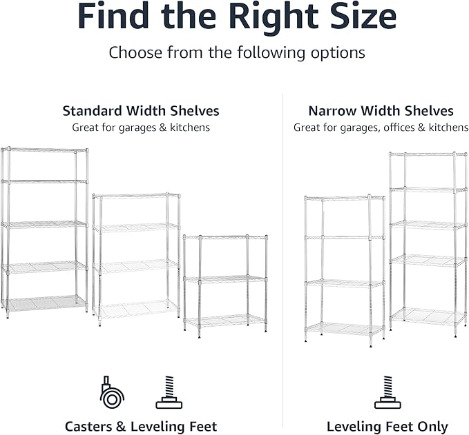 Amazon Basics 5-Shelf Adjustable, Storage Shelving Unit, (200 Pound Loading Capacity per Shelf), Steel Organizer Wire Rack, 23.2 x 13.4 x 60 inches (LxWxH), Chrome