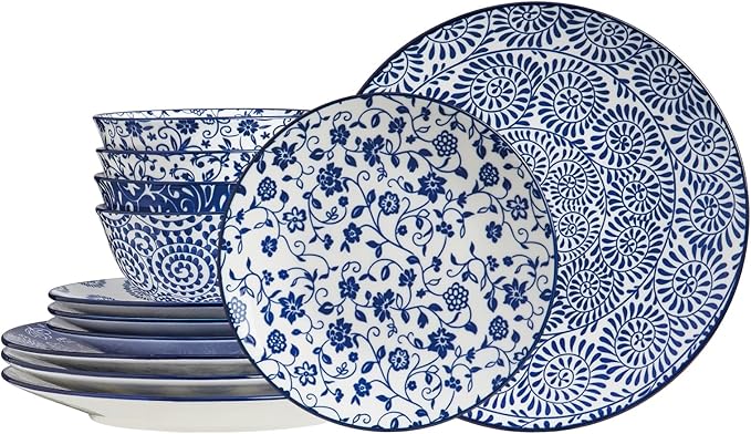 ONEMORE 12 Piece Ceramic Dinnerware Set for 4, Vintage Blue Stoneware Plates & Bowls Set - Scratch Resistant, Microwave, Dishwasher & Oven Safe, Everyday Family Meals