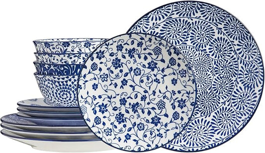 ONEMORE 12 Piece Ceramic Dinnerware Set for 4, Vintage Blue Stoneware Plates & Bowls Set - Scratch Resistant, Microwave, Dishwasher & Oven Safe, Everyday Family Meals
