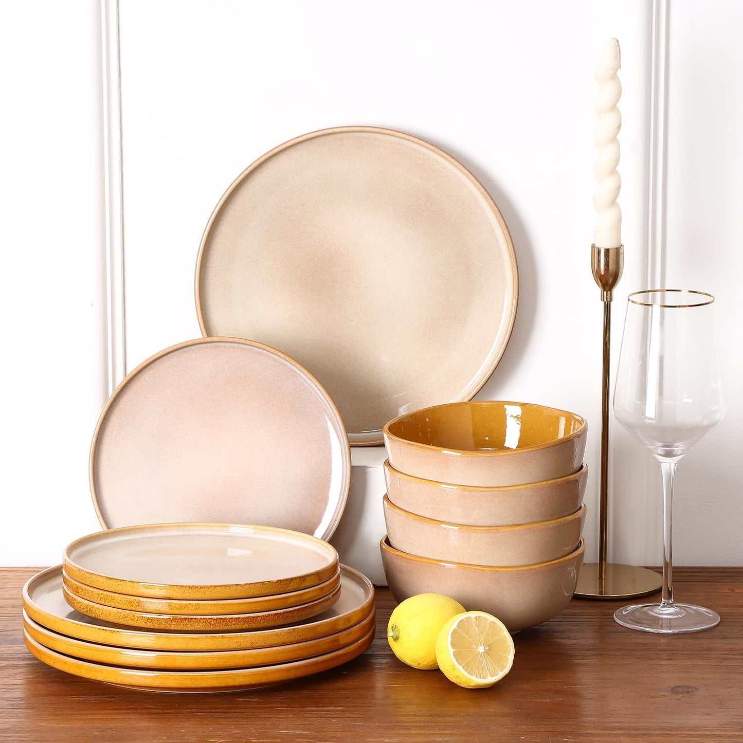 Vicrays Ceramic 12 Pieces Dinnerware Set - Dinner Plates Salad Plates Cereal Bowls Set Service for 4 - Scratch Resistant Microwave Oven Dishwasher Safe - Beige