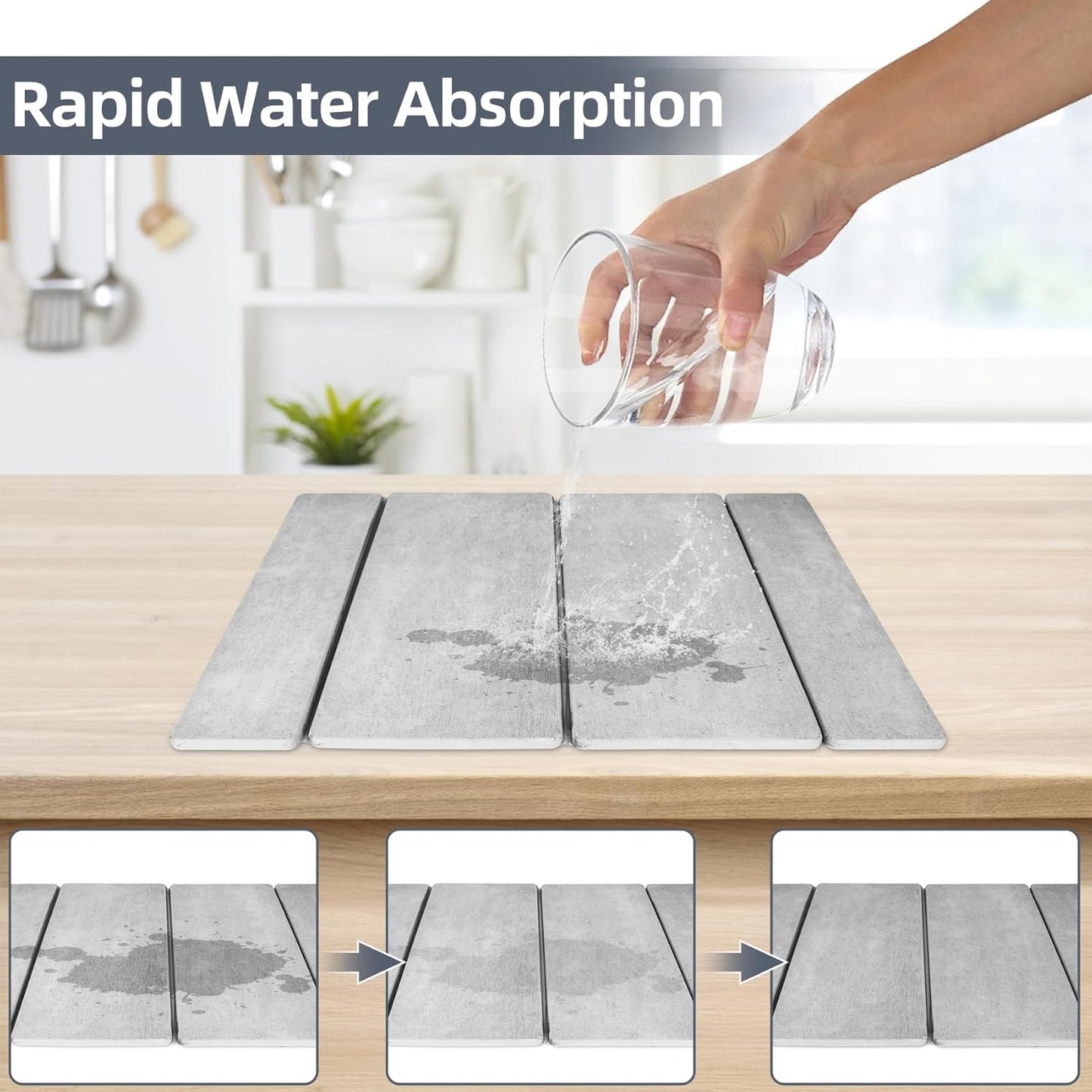 Stone Dish Drying Mat for Kitchen Counter，24x16 Collapsible Diatomaceous Earth Mats， Quick Drying Absorbent Dish Mat,Non-Slip Countertop & Bath Mat for Dishes Cups Bottles,Light Gray