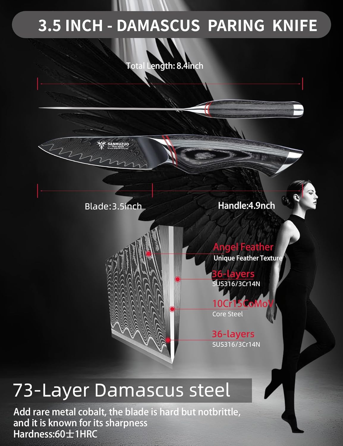 3.5 Inch Paring Knife - Fruit and Vegetable Peeling Knives, Black Damascus Steel with Ergonomic Handle - MIAO Series