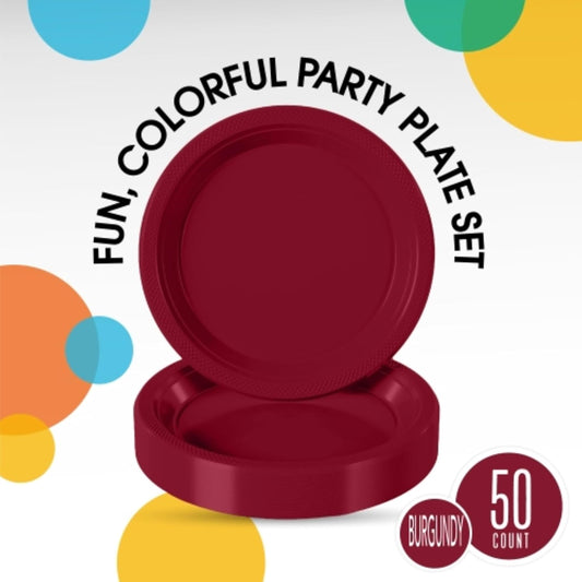 Exquisite Party Solids Burgundy Plastic Plates For Party Supplies 9" Burgundy Disposable Plates Heavy Duty 50 Pcs Plastic Dinnerware Sets Heavy Duty 350 GSM Disposable Dinnerware Set