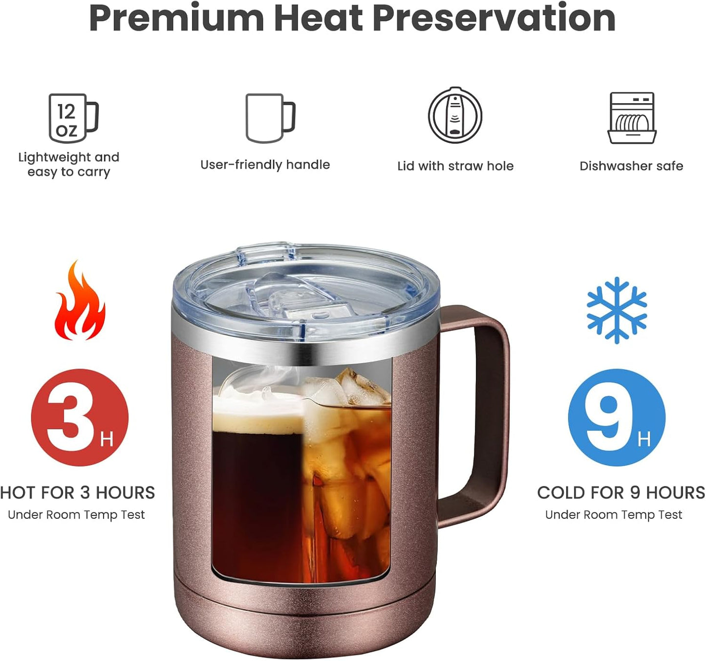 MEWAY 12oz Coffee Mug With Handle and Sliding Lid,Stainless Steel Travel Tumbler Cup with Handle,Double Wall Vacuum Insulated Camping Cup for Hot & Cold Drinks Tea (Rose Gold,Set of 1