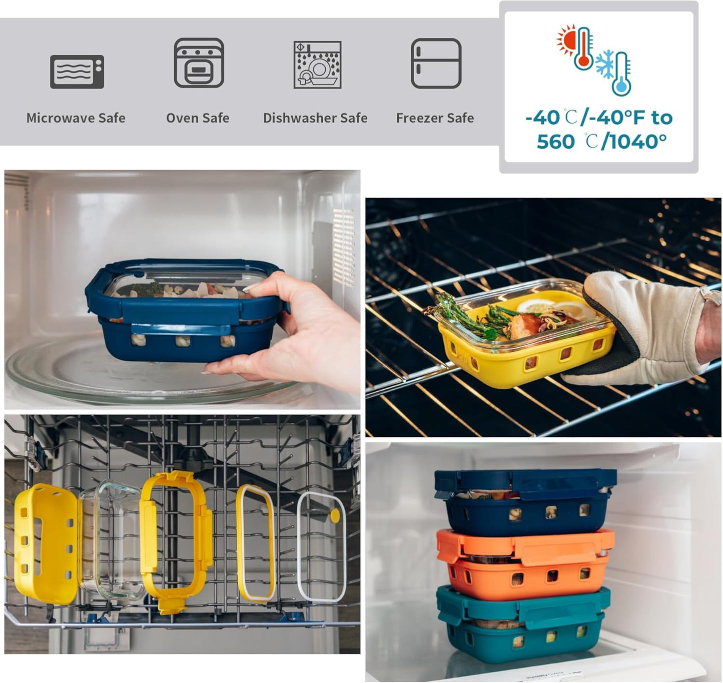 GENICOOK 2.7 CUP Glass Food Storage Containers with Glass Lids,5 Pack-Aitight Meal Prep Container Set with Silicone Sleeve, BPA-Free, Dishwasher, Microwave, and Freezer Safe