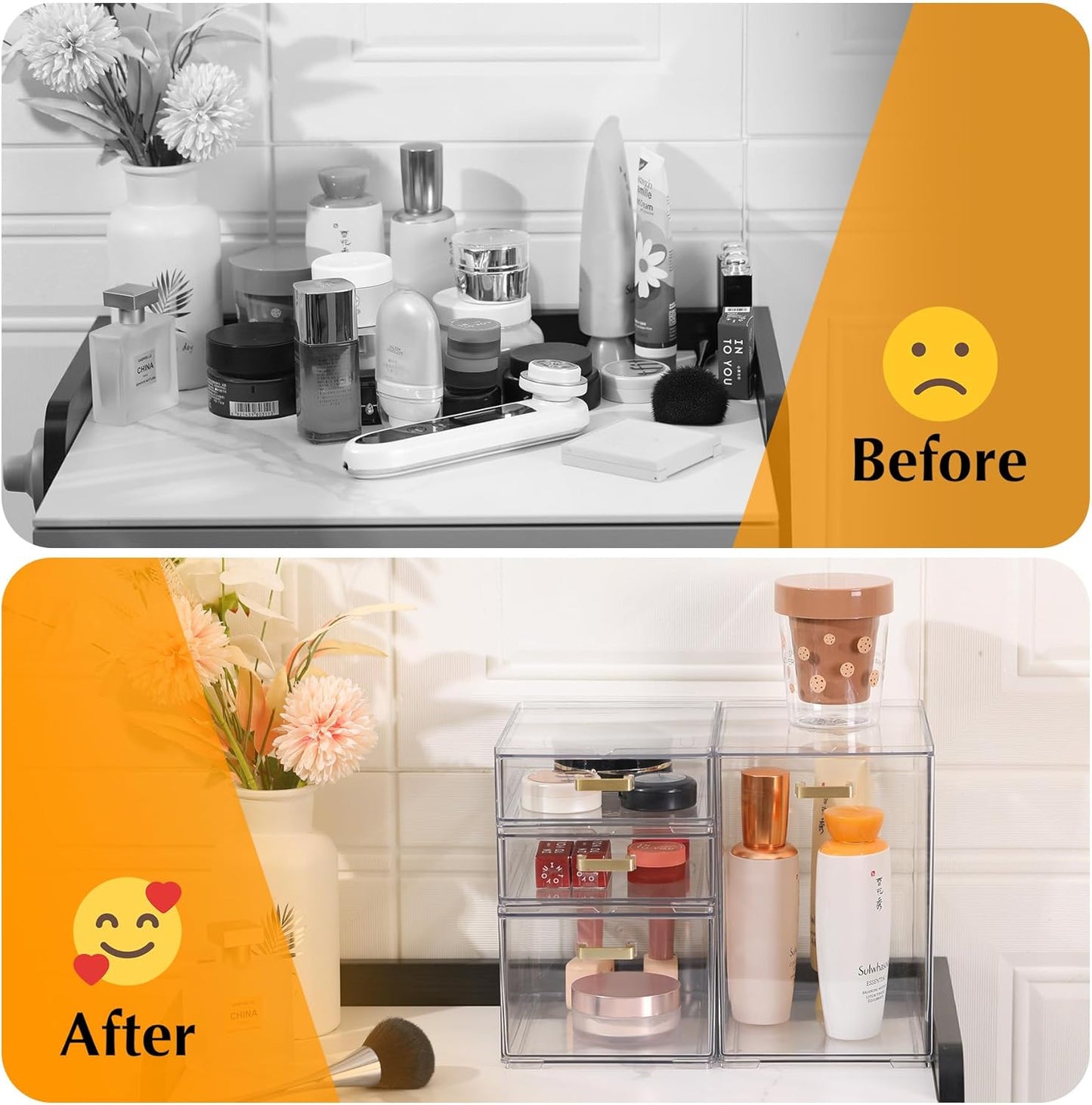 4Pack Stackable Storage Drawers, Clear Plastic Organizer Bins for Bathroom and Office Organization, Perfect for Cosmetic, Beauty Supplies, Accessories